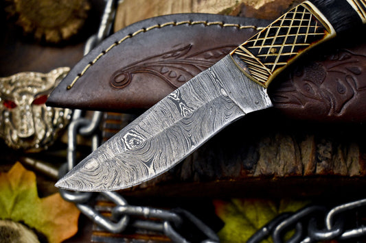 Hand Forged Twist Damascus Skinner Knife with Polished Bone Handle for Hiking and Collecting