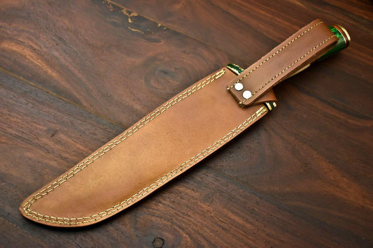 15.5” Damascus Steel Bowie Knife | Camel Bone Handle & Leather Sheath