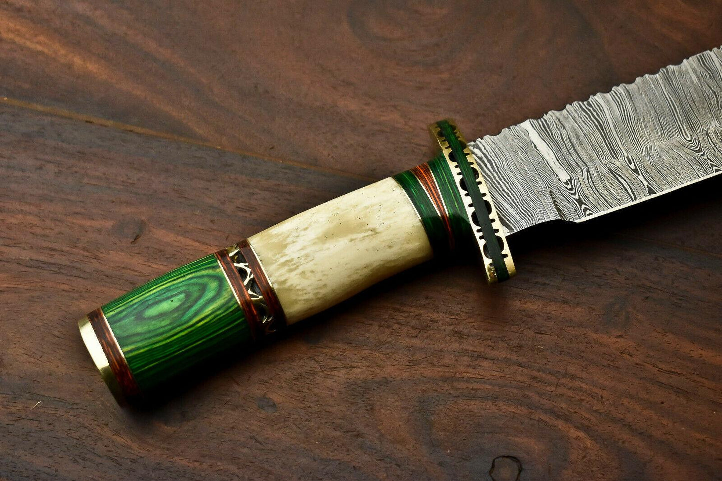 15.5” Damascus Steel Bowie Knife | Camel Bone Handle & Leather Sheath