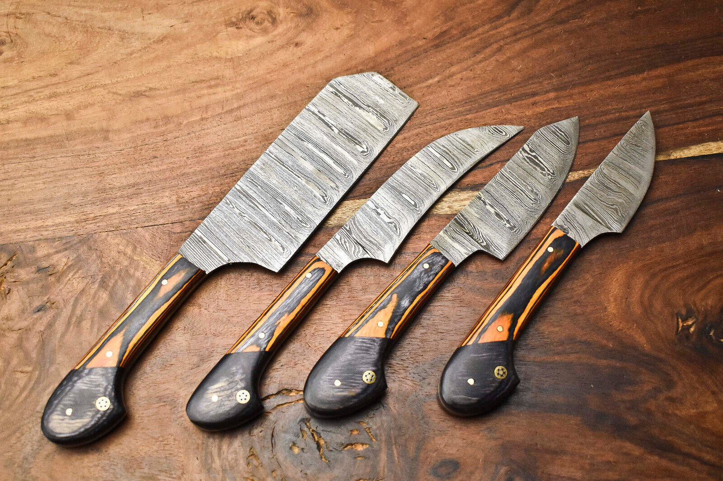 Custom Lot of 4 Handmade Hammered Damascus Steel Blade Chef Knife Set – Full Tang Kitchen Knives
