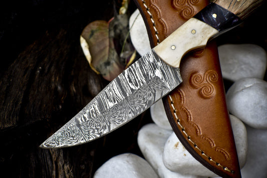 8" Skinner Knife Twist Damascus Mixed Handle Rare EDC Forged Blade