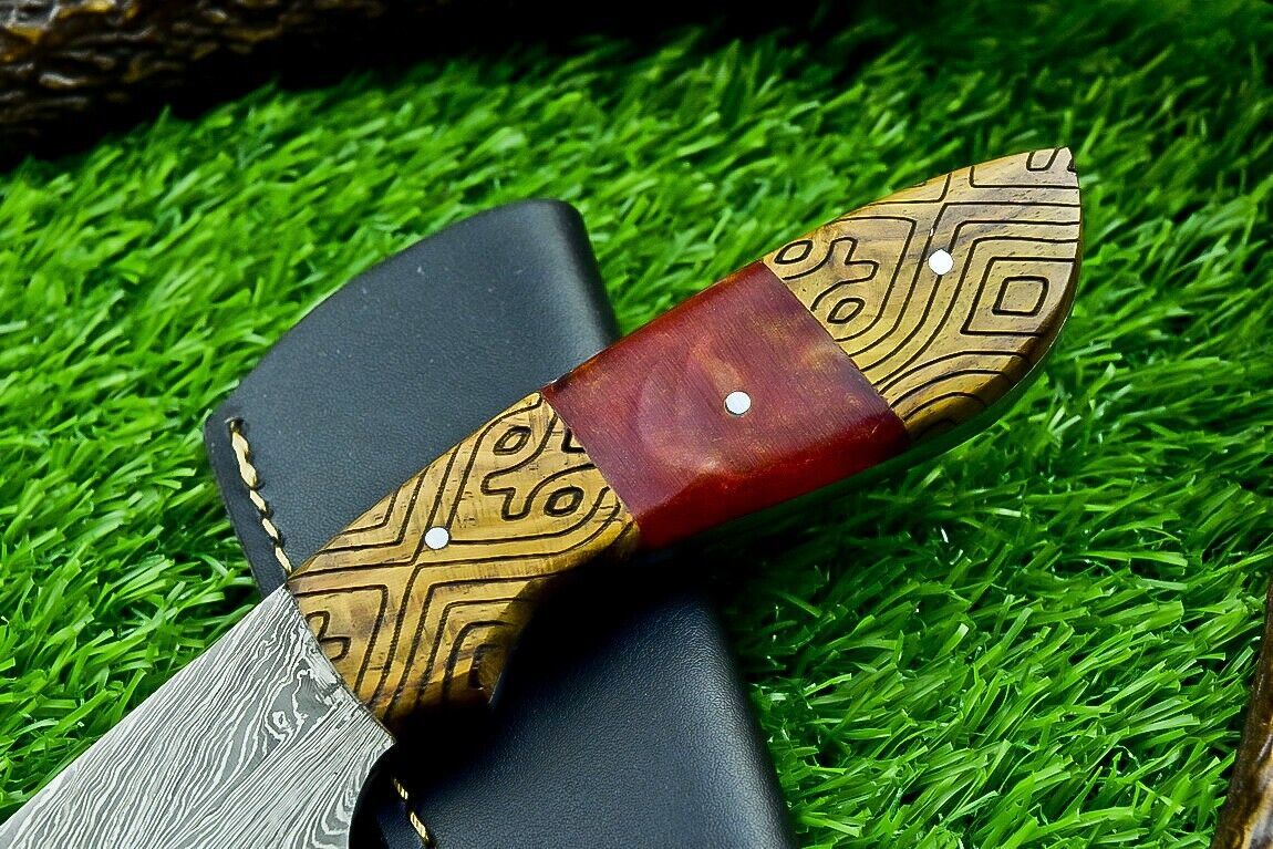 8 Inch Custom Damascus Bowie Hunting Knife with Resin and Wood Handle