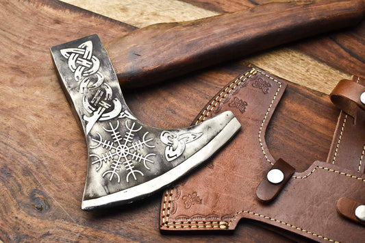 Handmade High Carbon Steel Viking Hatchet Axe | Laser Etched Blade 18"