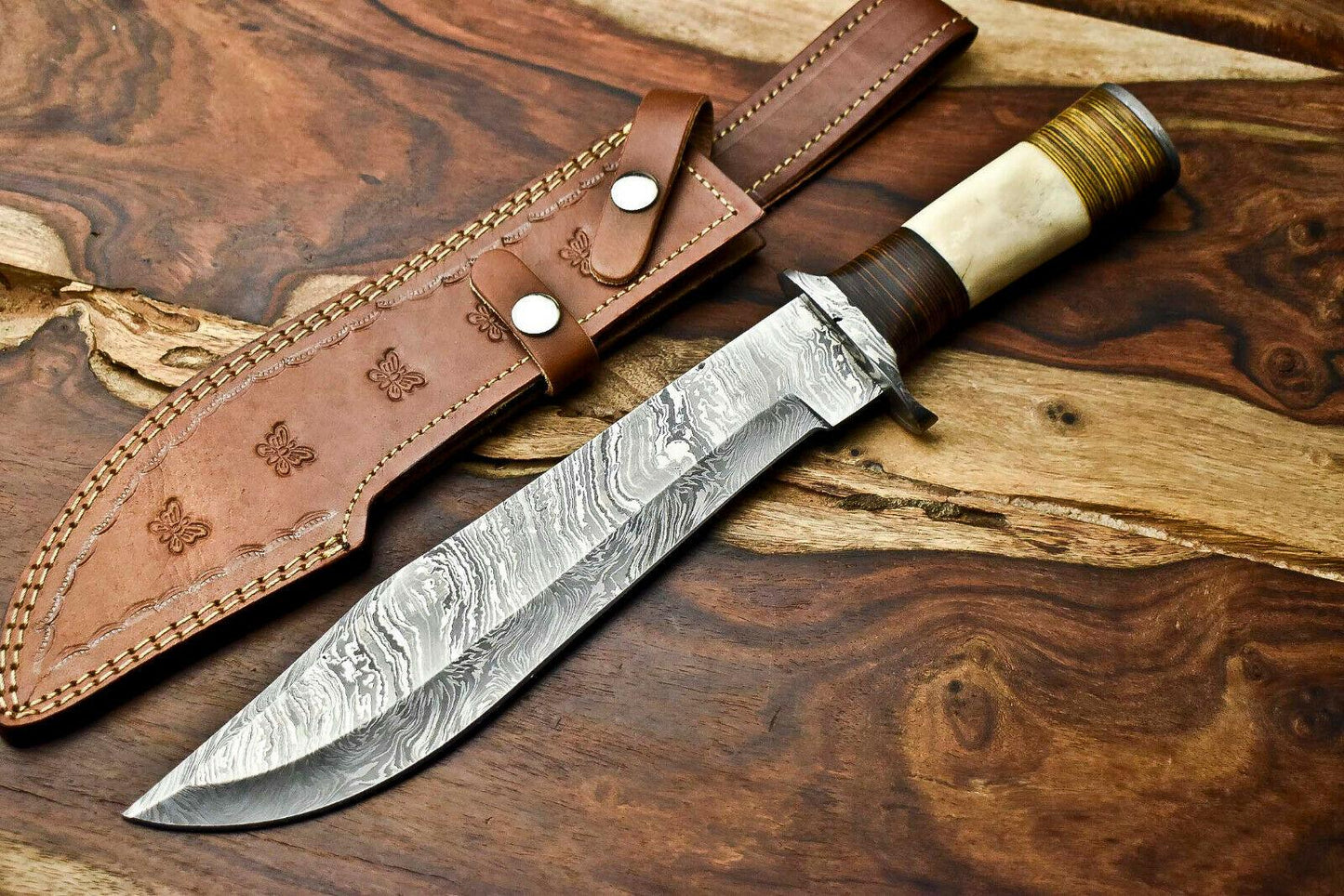 15" Handmade Damascus Steel Hunting Bowie Knife – Camel Bone Handle