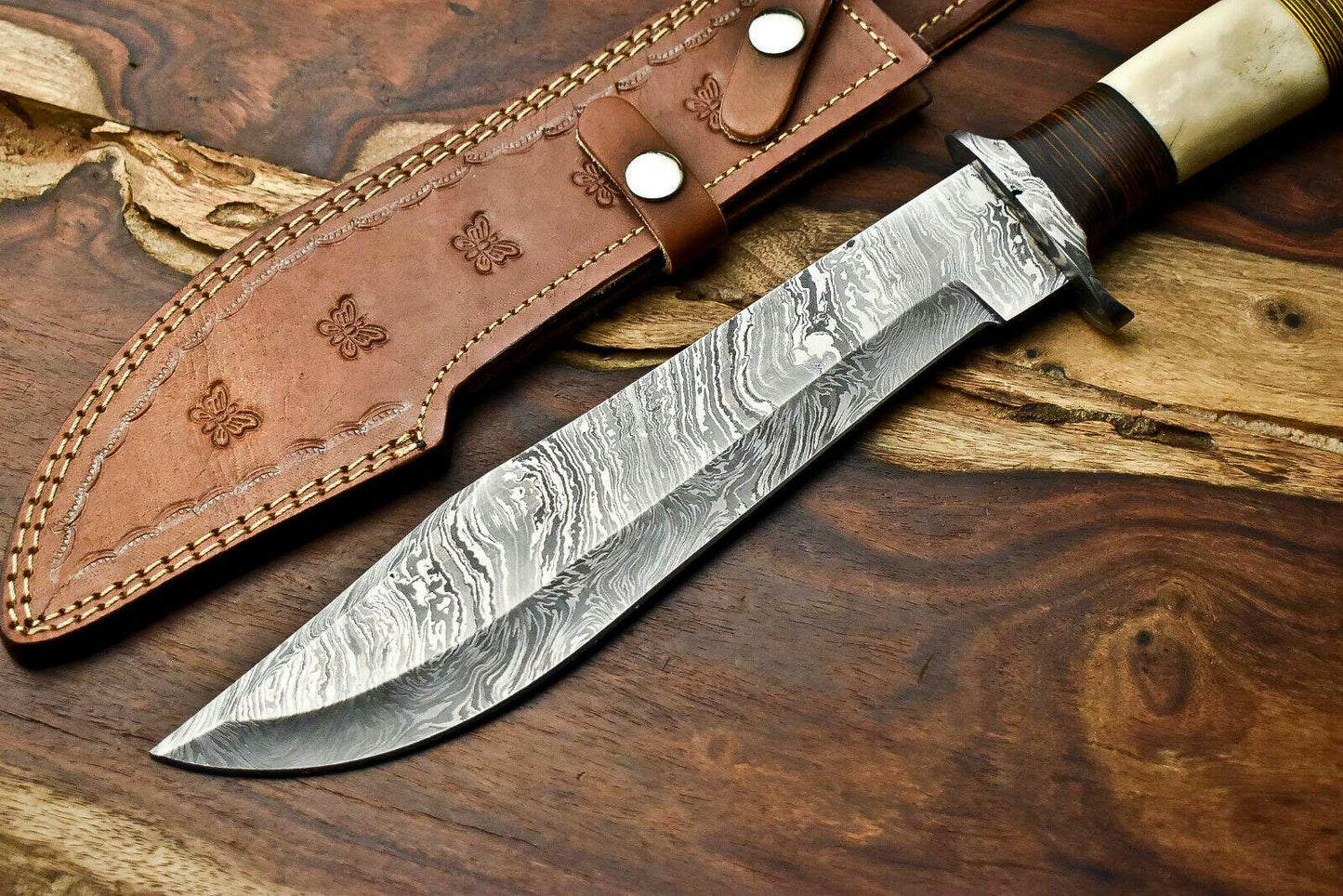15" Handmade Damascus Steel Hunting Bowie Knife – Camel Bone Handle