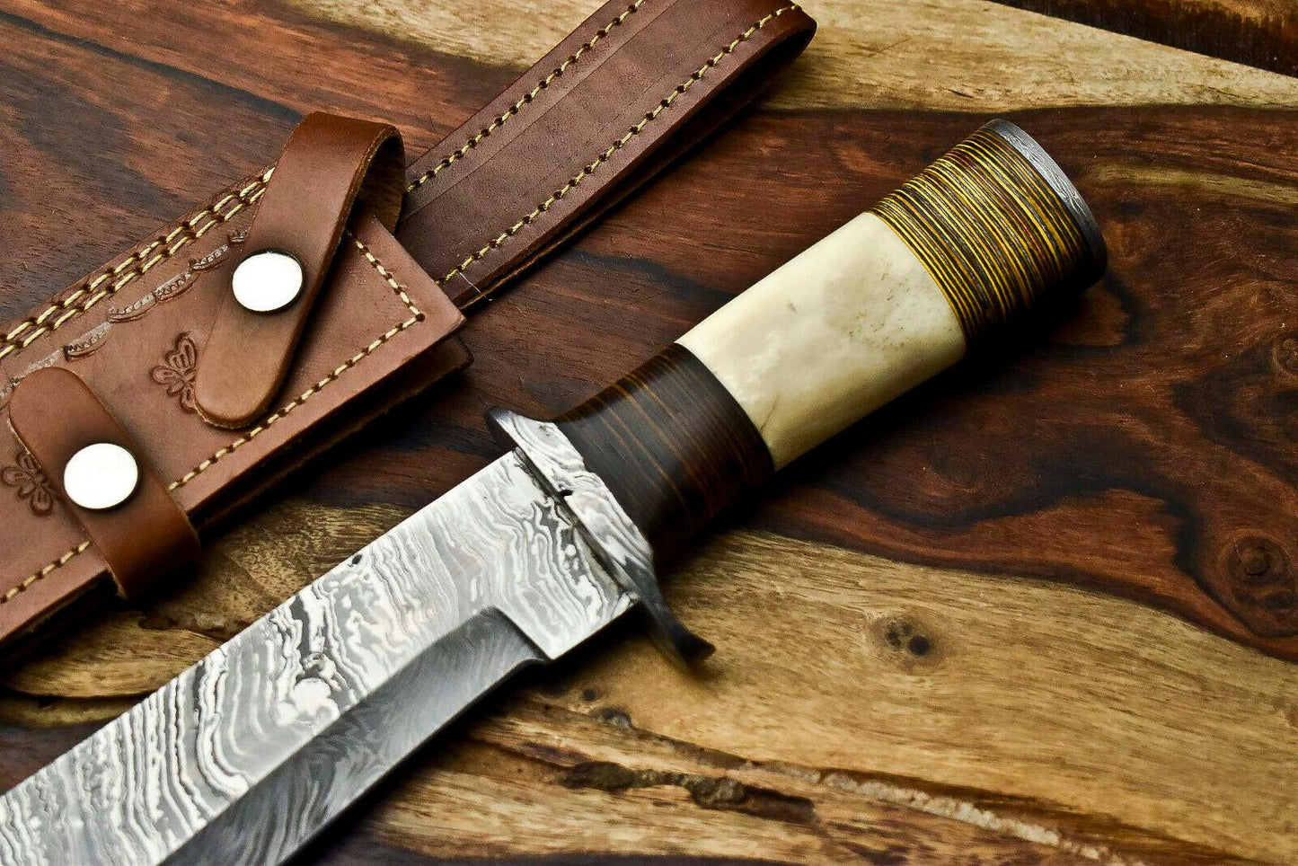 15" Handmade Damascus Steel Hunting Bowie Knife – Camel Bone Handle