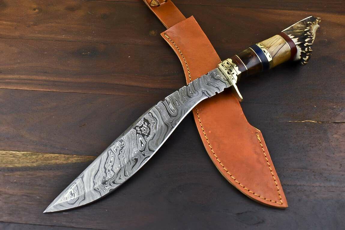 16.6" Handmade Damascus Steel Bowie Knife with Crown Antler Handle