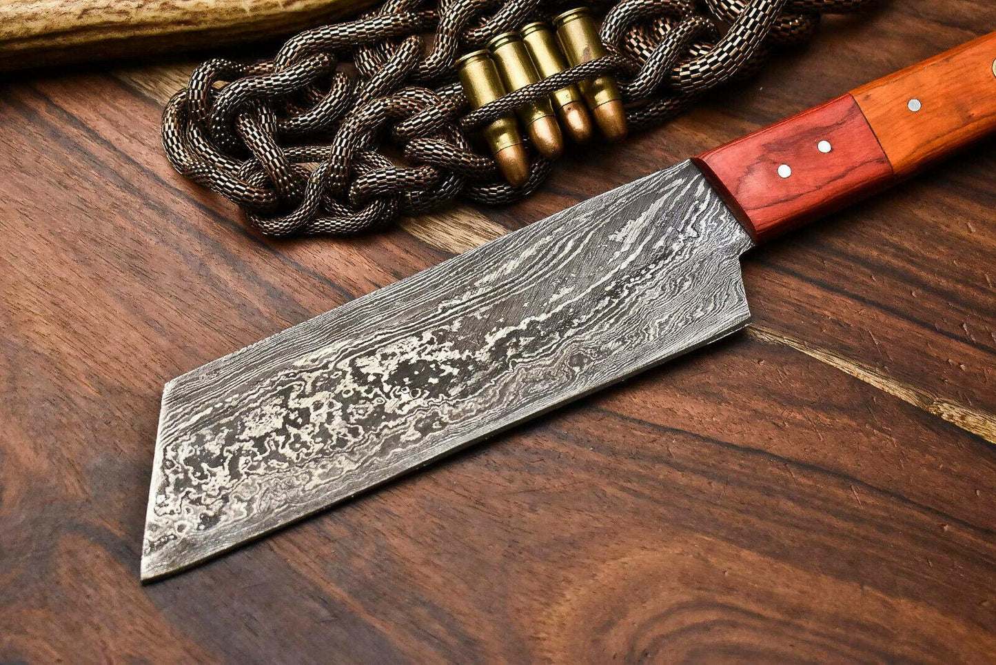 Handmade Damascus Steel Chef Knife – Full Tang Kitchen Knife with Polished Handle