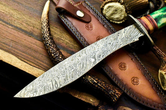16" Damascus Steel Bowie Knife | Camel Bone Handle with Leather Sheath