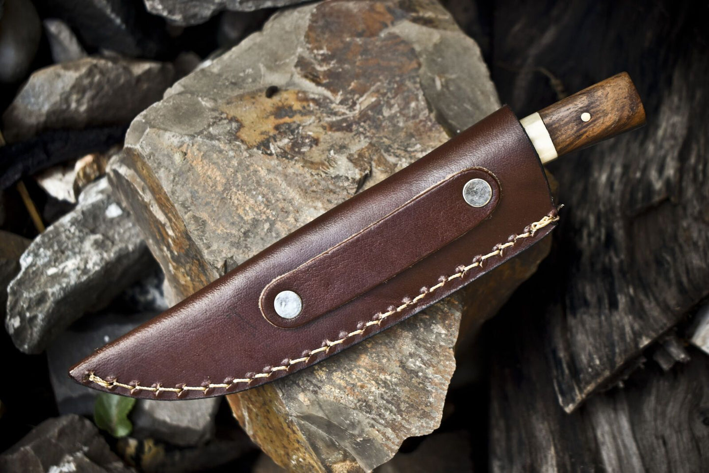 Twist Damascus Skinner Knife Bone and Wood Handle – 8" Custom Handmade Everyday Carry