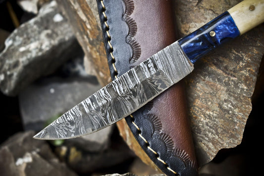 Twist Damascus Skinner Knife Bone and Wood Handle – 8" Custom Handmade Everyday Carry
