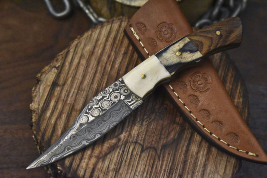 Rain Drop Damascus Skinner Knife Hardwood Handle Custom Hunting Blade