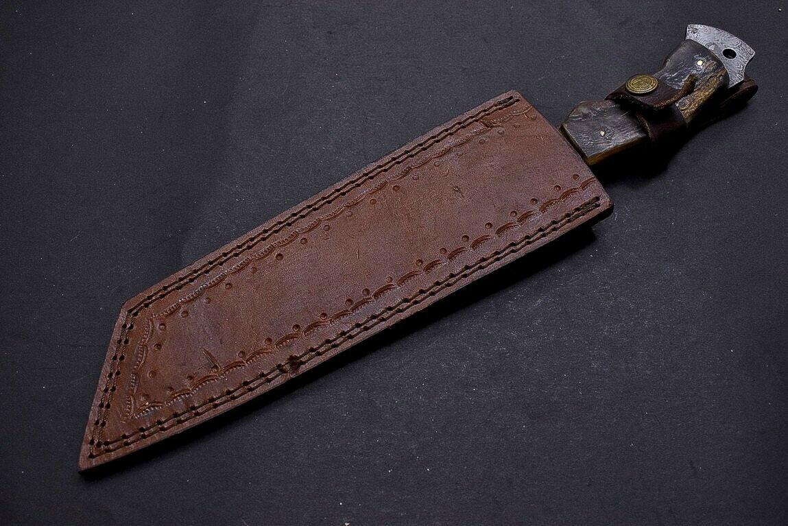 13" Damascus Tracker Bowie Knife with Ram Horn Handle | Handmade Hunting Blade