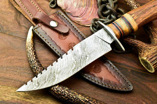 12.75" Handmade Damascus Hunting Bowie Knife | Walnut Wood Handle