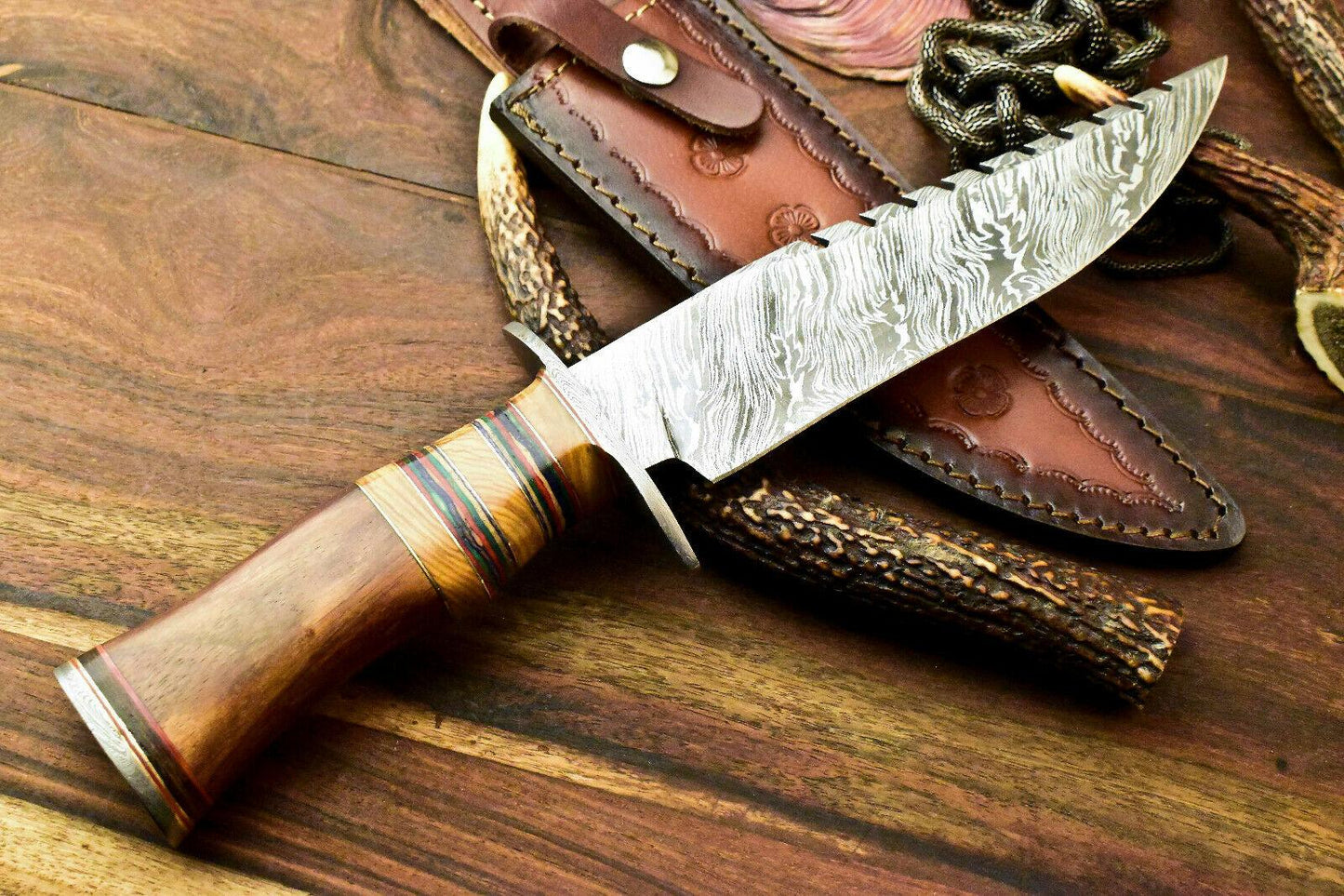 12.75" Handmade Damascus Hunting Bowie Knife | Walnut Wood Handle