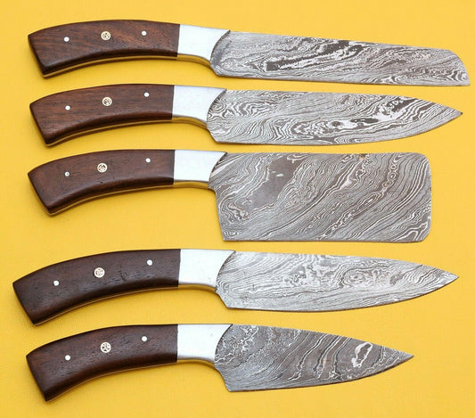 Handmade Damascus Kitchen Chef Knives Set with Rose Wood Handle
