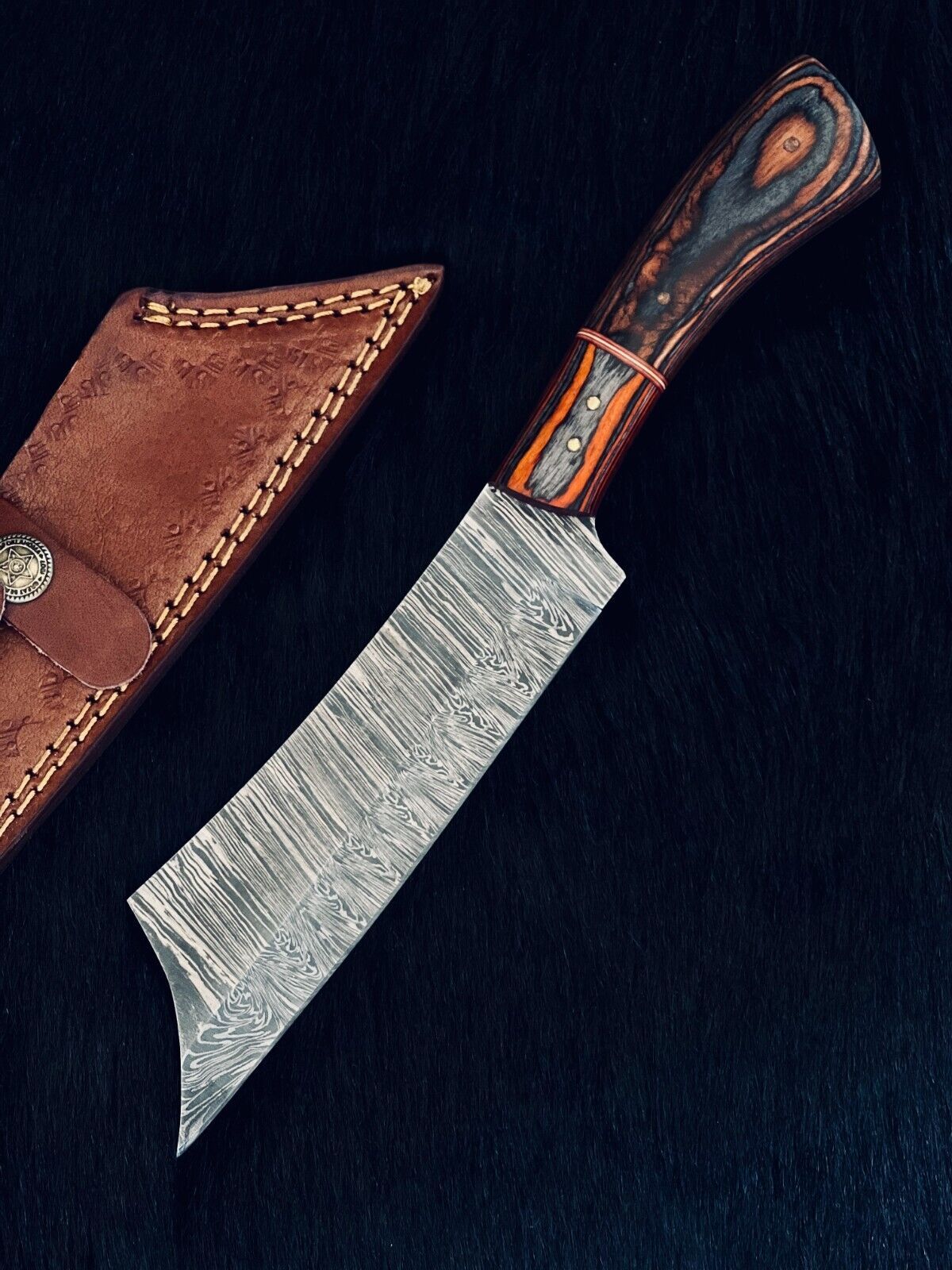 11" Handmade Fire Damascus Steel Machete Knife – Natural Wood & Brass Handle