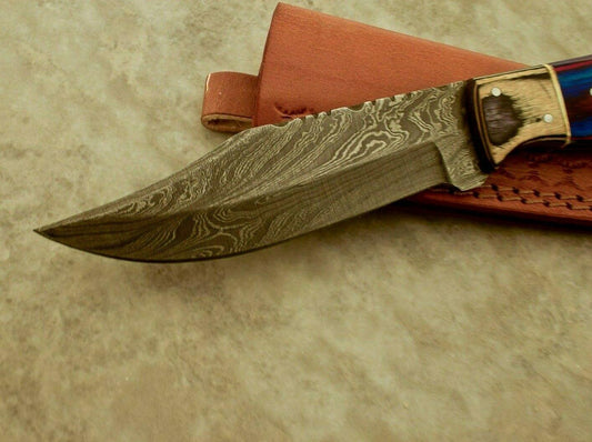 10" Damascus Bowie Knife – Twist Pattern Blade & Full Tang Wood Handle