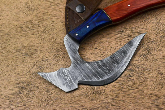 Custom Handmade Damascus Steel Hard Wood Hunting Clever Chopper Axe Knife with Leather Sheath