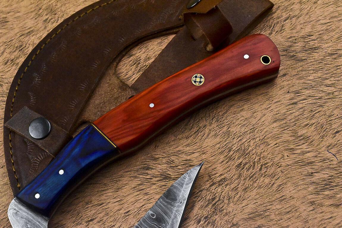 Custom Handmade Damascus Steel Hard Wood Hunting Clever Chopper Axe Knife with Leather Sheath