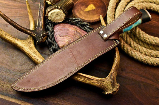 15" Laser Etched Damascus Bowie Knife | Stained Camel Bone Handle with Leather Sheath