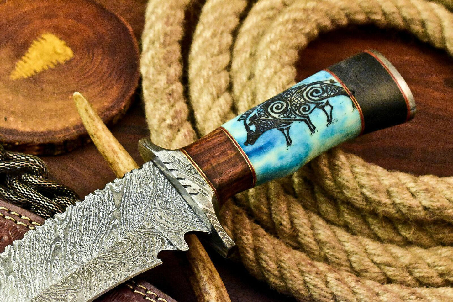 15" Laser Etched Damascus Bowie Knife | Stained Camel Bone Handle with Leather Sheath