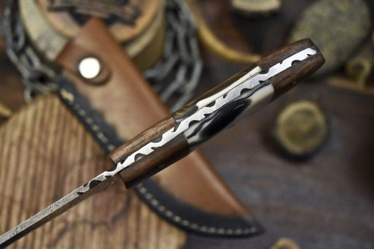 Edge Forged Twist Damascus Skinner Knife with Corian Handle and Wooden Bolster – Custom EDC Hunting Knife