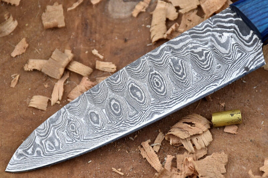 Custom Handmade Forged Damascus Steel Kitchen Chef Knife – 9" Blade with Blue Dollar Handle