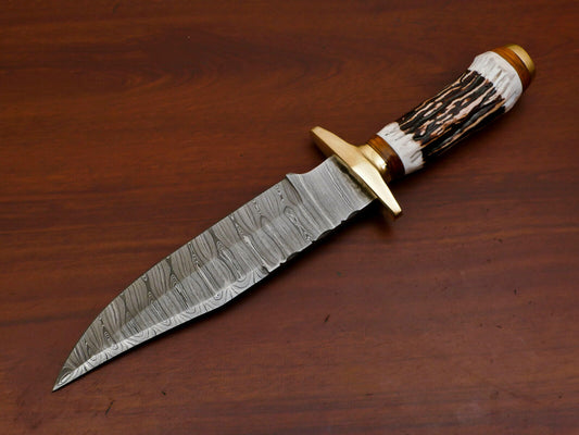 11.5 Inch Handmade Damascus Steel Bowie Knife with Stag and Pakka Wood Handle