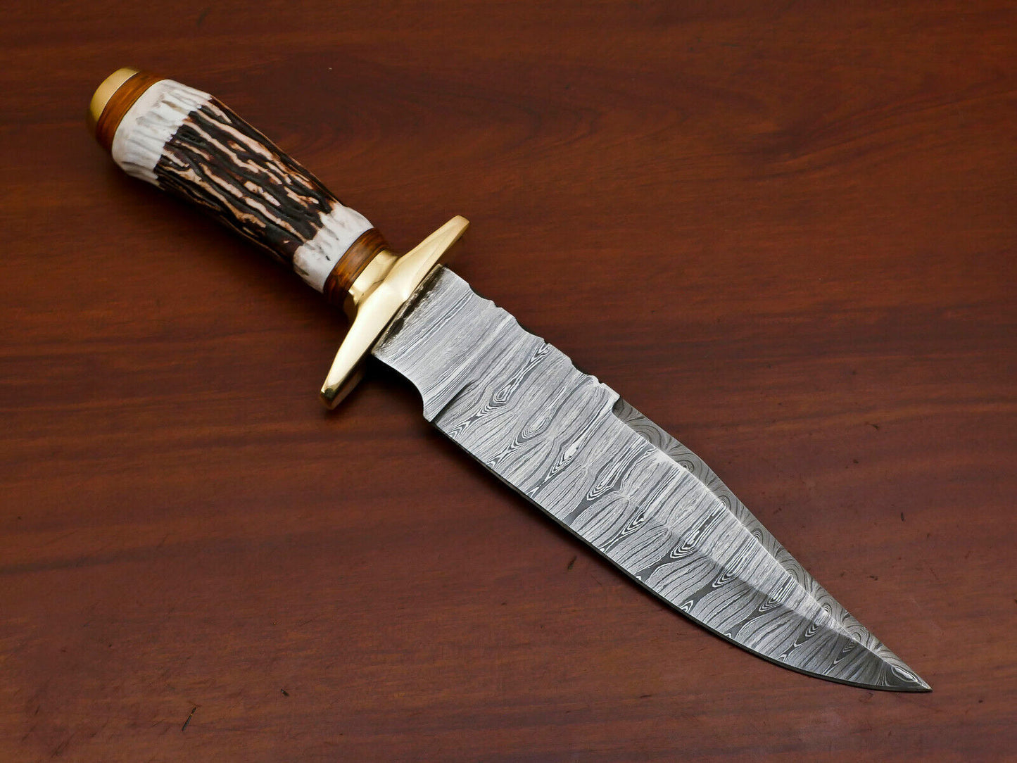 11.5 Inch Handmade Damascus Steel Bowie Knife with Stag and Pakka Wood Handle