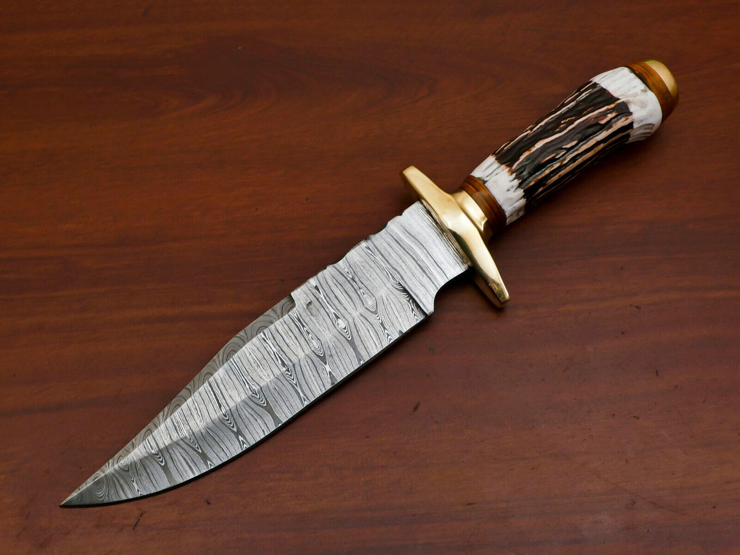 11.5 Inch Handmade Damascus Steel Bowie Knife with Stag and Pakka Wood Handle