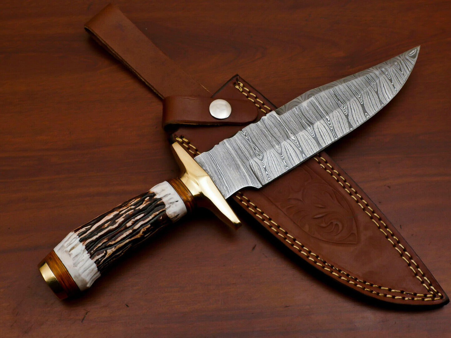 11.5 Inch Handmade Damascus Steel Bowie Knife with Stag and Pakka Wood Handle