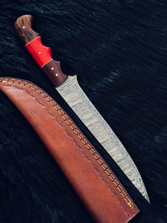 13" Twist Damascus Fillet Bowie Knife – Bone & Wood Handle