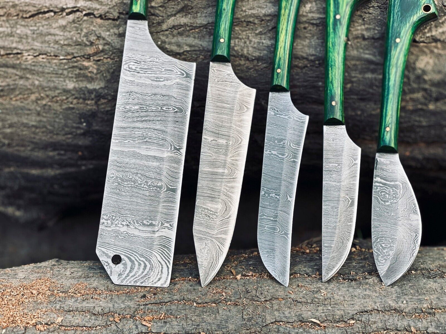 Damascus Kitchen Knife Set with Wood Handle – Hand-Forged Chef Knives + Leather Roll Bag