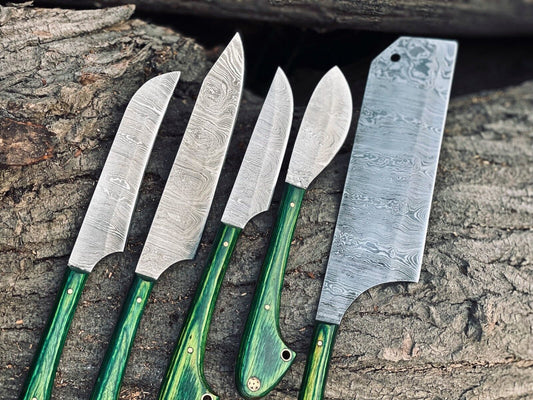 Damascus Kitchen Knife Set with Wood Handle – Hand-Forged Chef Knives + Leather Roll Bag