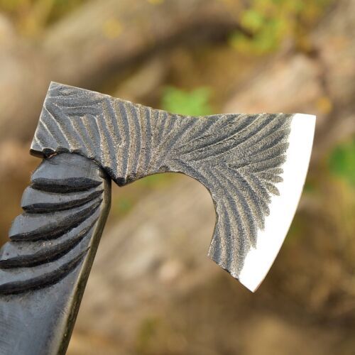 Handmade High Carbon Steel Tomahawk Viking Axe – Bearded Hatchet with Engraved Wood Handle and Leather Sheath