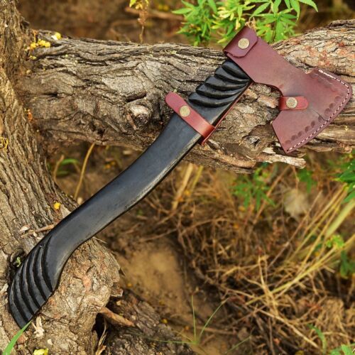 Handmade High Carbon Steel Tomahawk Viking Axe – Bearded Hatchet with Engraved Wood Handle and Leather Sheath