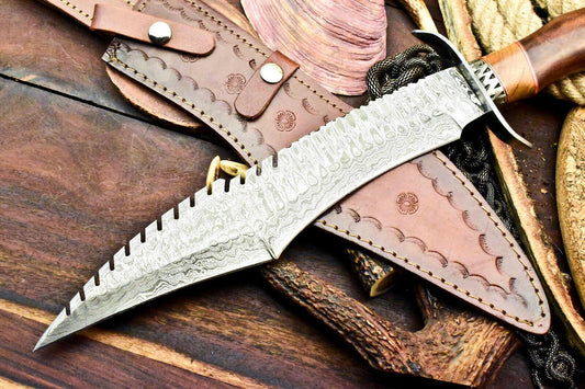 Custom 17.5" Handmade Damascus Bowie Hunting Knife – Walnut Wood Handle with Leather Sheath