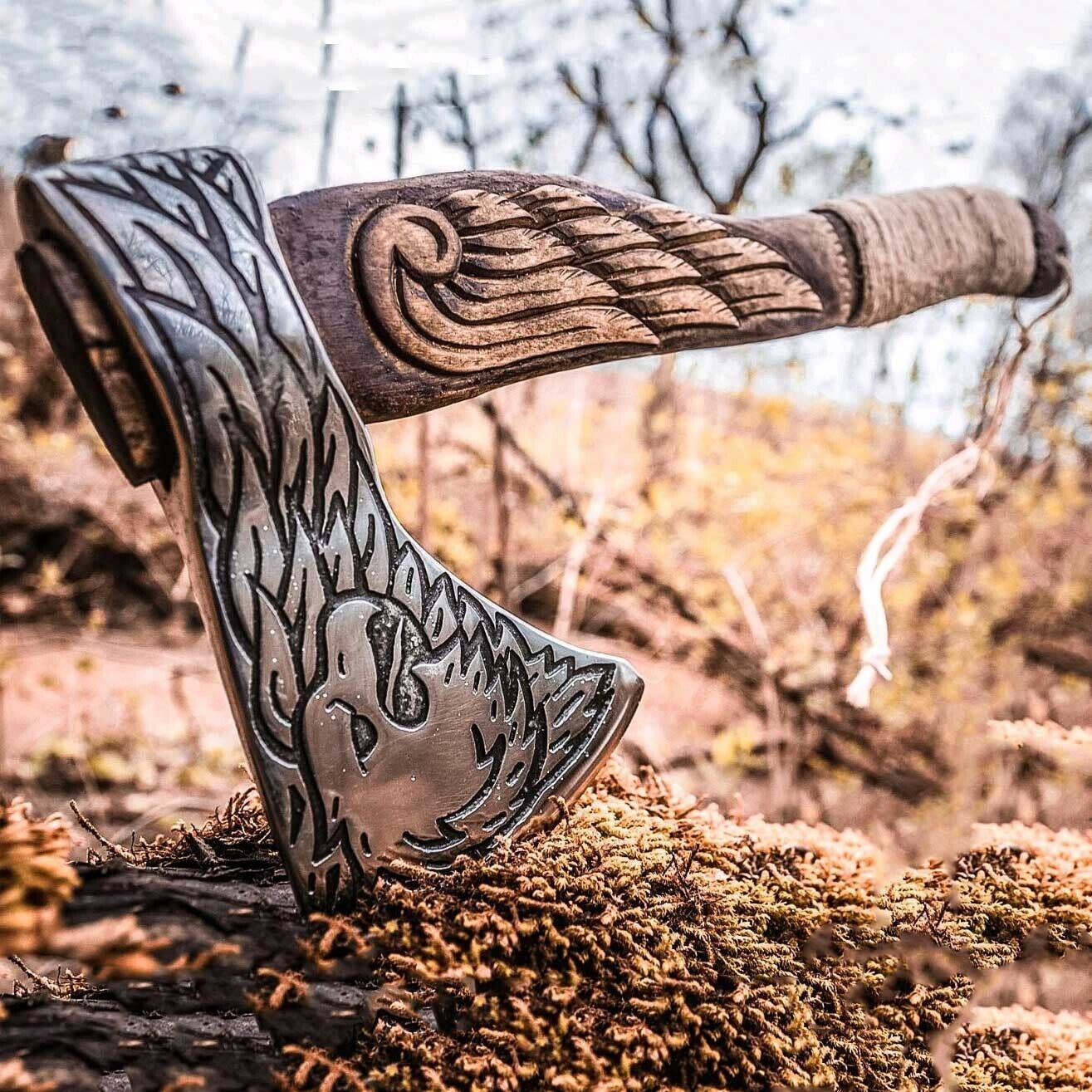Handmade Forged Carbon Steel Viking Axe – Ash Wood Shaft Lion Head Design with Leather Sheath