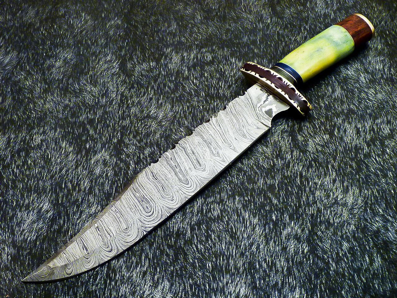 Authentic Hand Forged Damascus Bowie Hunting Knife | Stained Camel Bone Handle