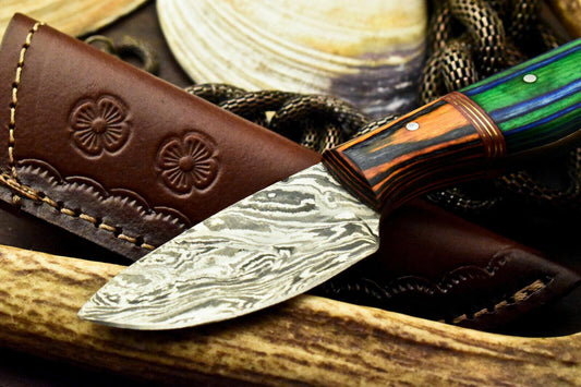 7” Handmade Damascus Bowie Knife | Hardwood Handle & Leather Sheath