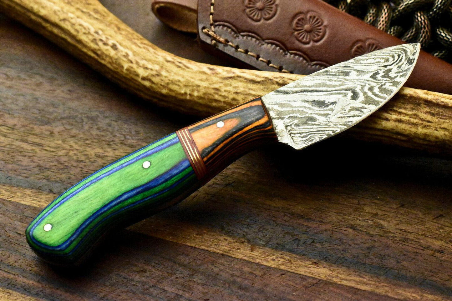 7” Handmade Damascus Bowie Knife | Hardwood Handle & Leather Sheath