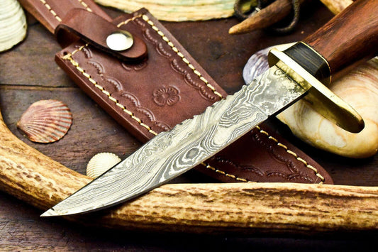 9.75" Damascus Hunting Knife – Walnut Wood Handle with Leather Sheath