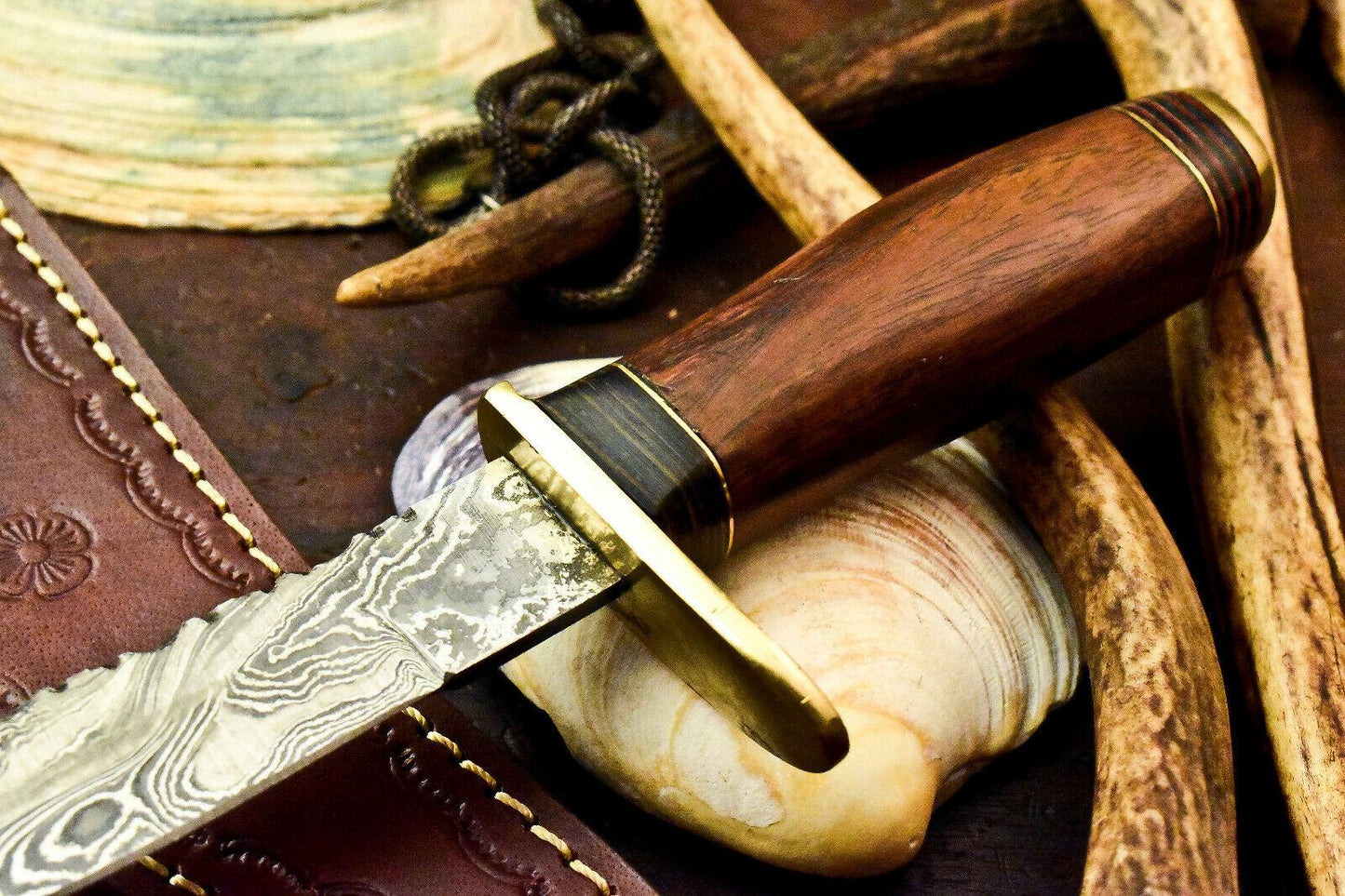 9.75" Damascus Hunting Knife – Walnut Wood Handle with Leather Sheath
