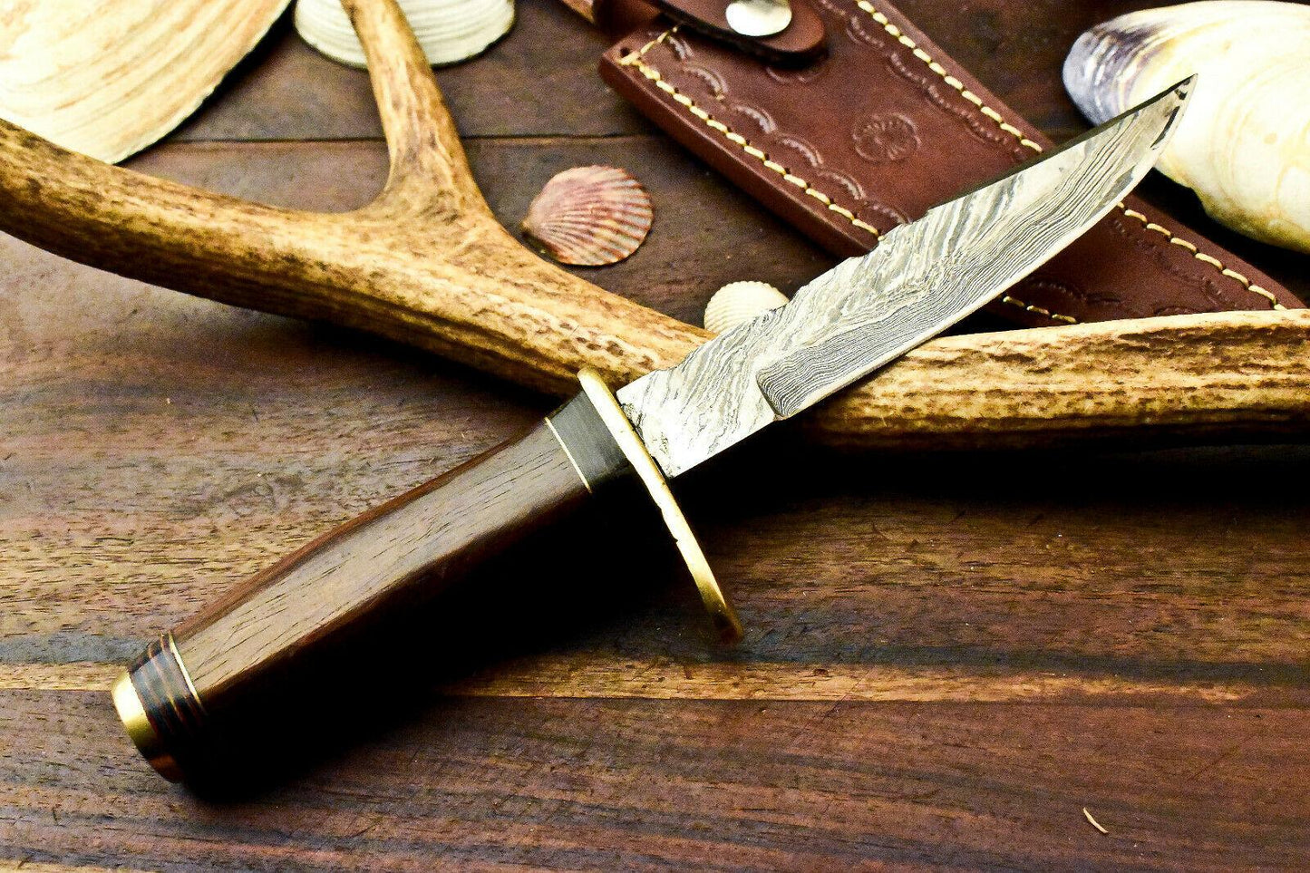 9.75" Damascus Hunting Knife – Walnut Wood Handle with Leather Sheath