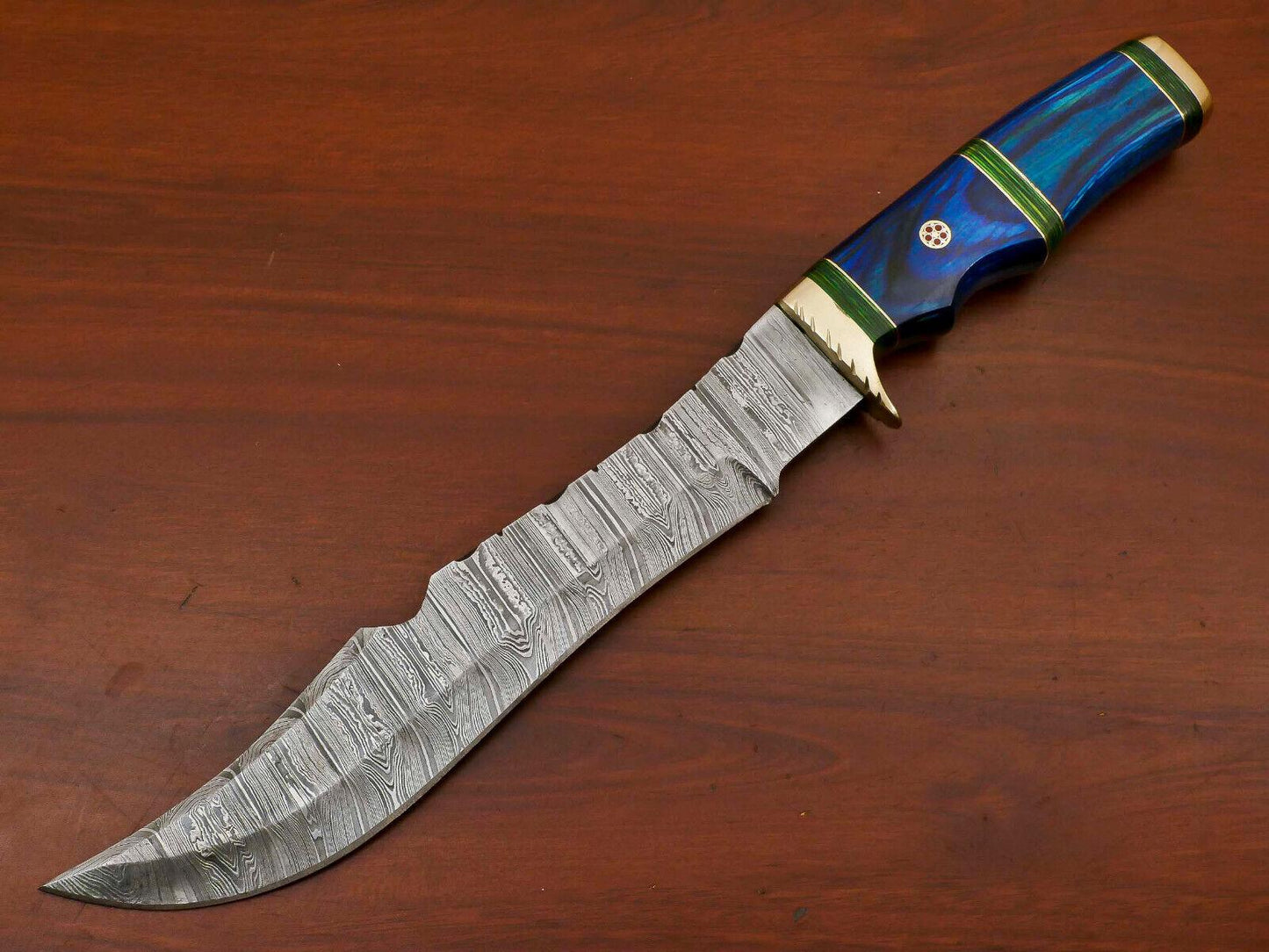 14" Handmade Damascus Bowie Hunting Knife – Pakka Wood Handle & Brass Guard