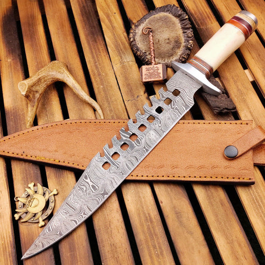 16 Inch Damascus Steel Bowie Knife with Camel Bone Handle and Leather Sheath