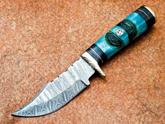 Custom Damascus Steel Bowie Knife – 8 Inch Fixed Blade Hunting & Camping Knife with Engraved Camel Bone Handle