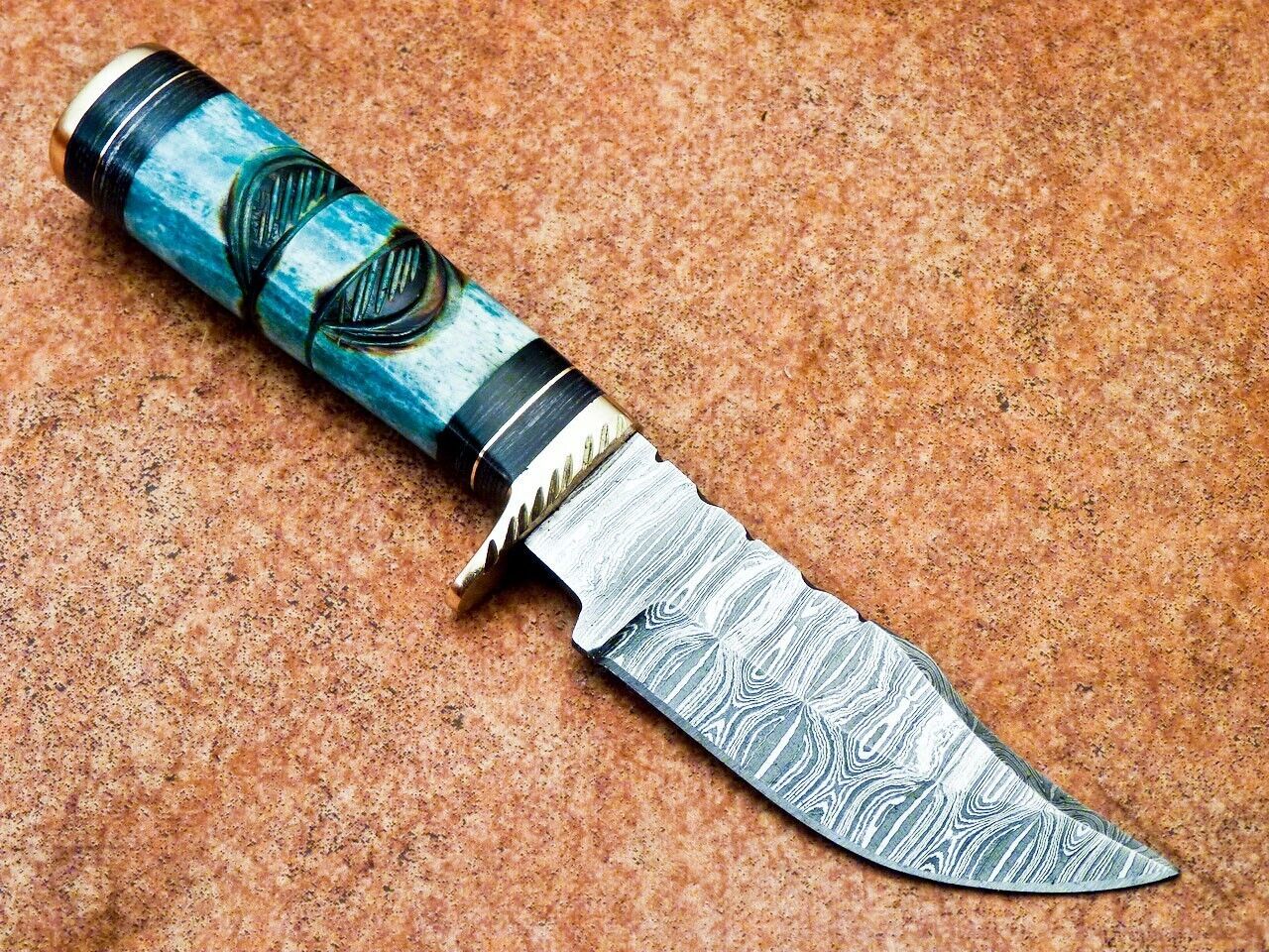Custom Damascus Steel Bowie Knife – 8 Inch Fixed Blade Hunting & Camping Knife with Engraved Camel Bone Handle