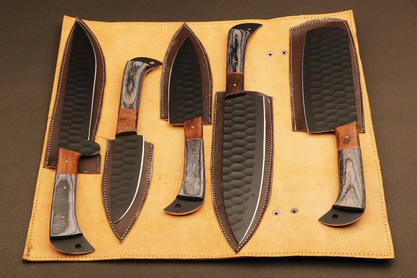 9" to 13" Hand Forged Fire Damascus Steel Chef Knives Set – Handmade Kitchen Knife Collection with Camel Bone & Wood Handle